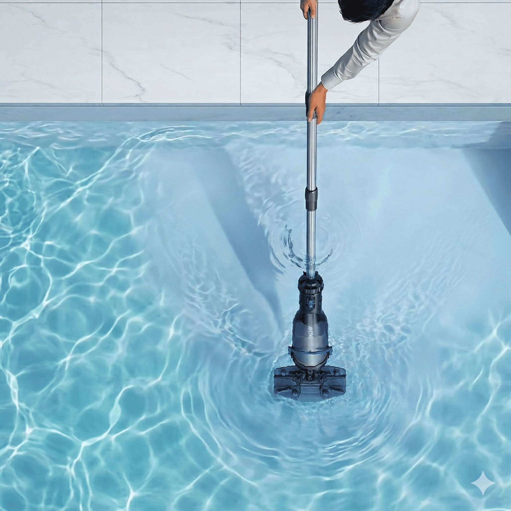 Una persona limpia una piscina con un aspirador flotante.