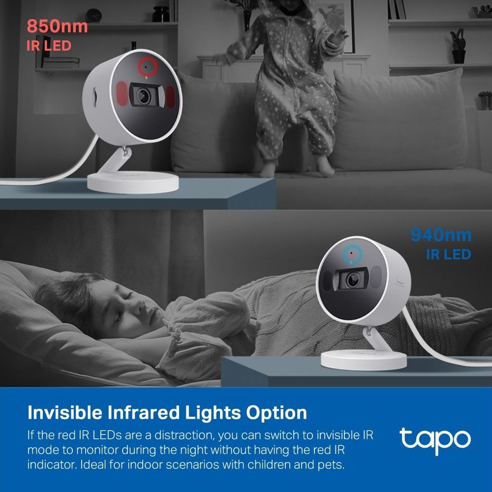 Due telecamere Tapo mostrate: una con IR visibile da 850nm, una con IR invisibile da 940nm.