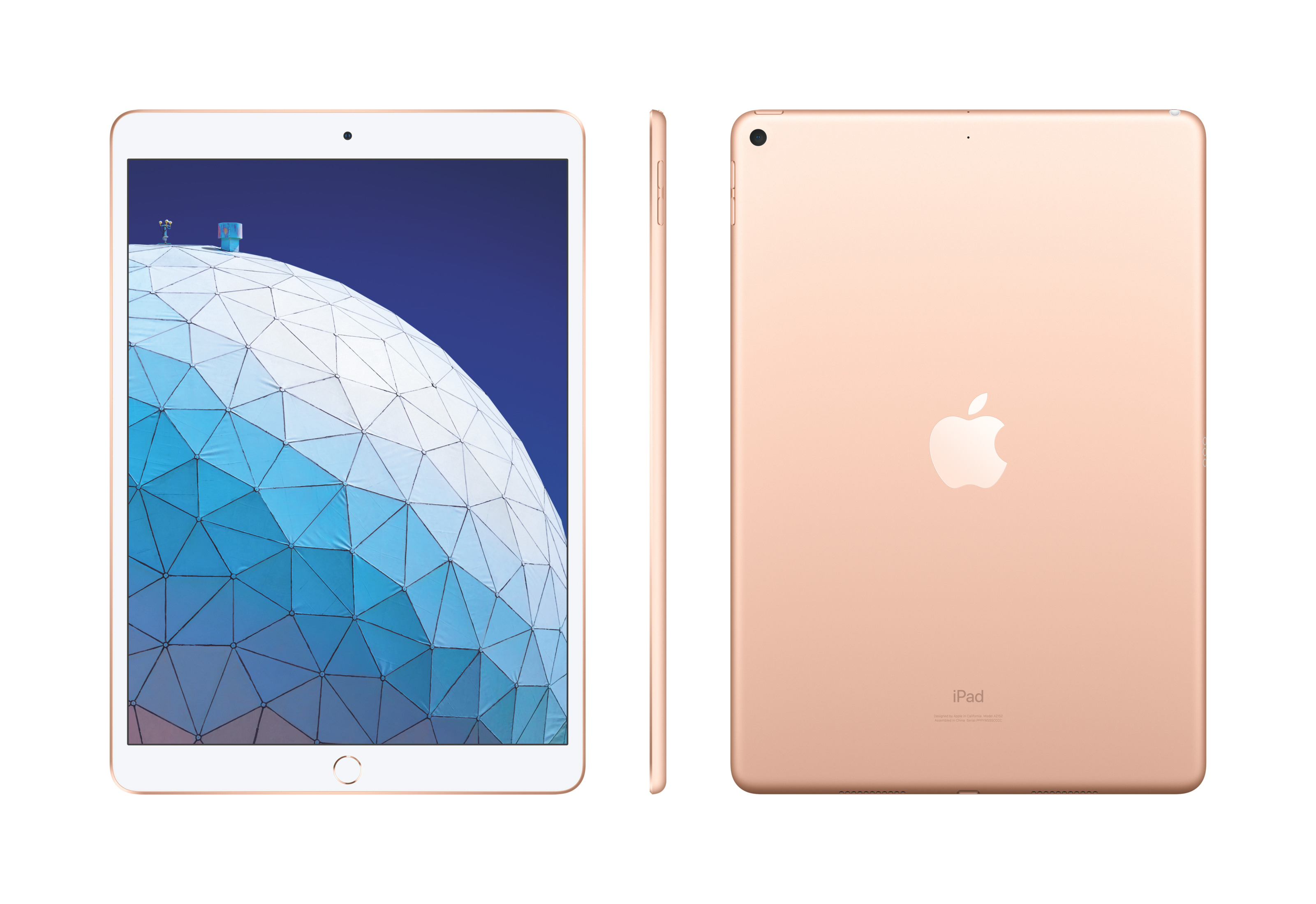 Ein roségoldenes iPad Air, Vorder- und Rückseite, mit Apple-Logo.
