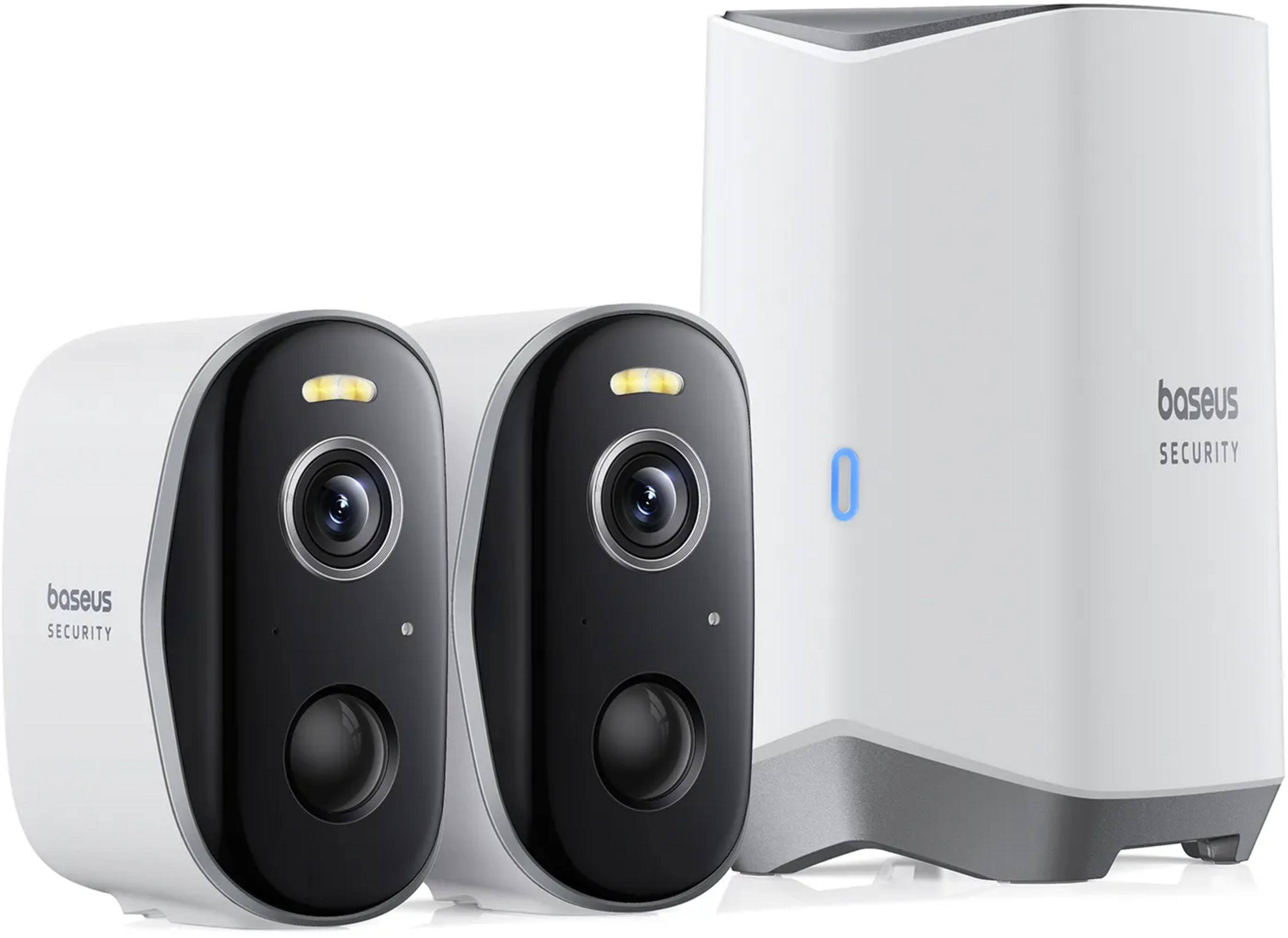 Twee witte camera's met zwarte voorkanten en een witte hub met blauwe LED.