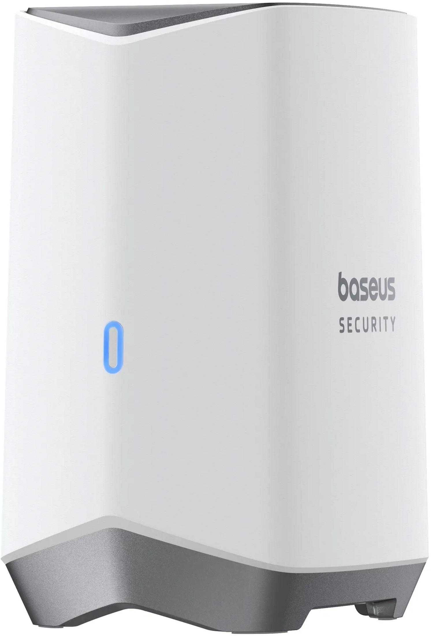 Een wit Baseus Security apparaat met blauwe "0" indicator en zilveren voet.
