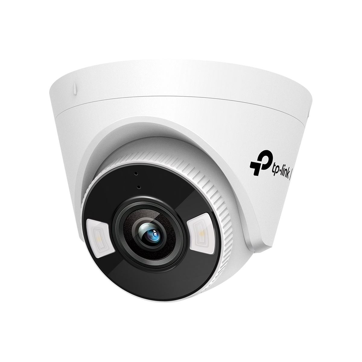 Una telecamera di sicurezza dome TP-Link bianca con obiettivo nero e due luci quadrate.