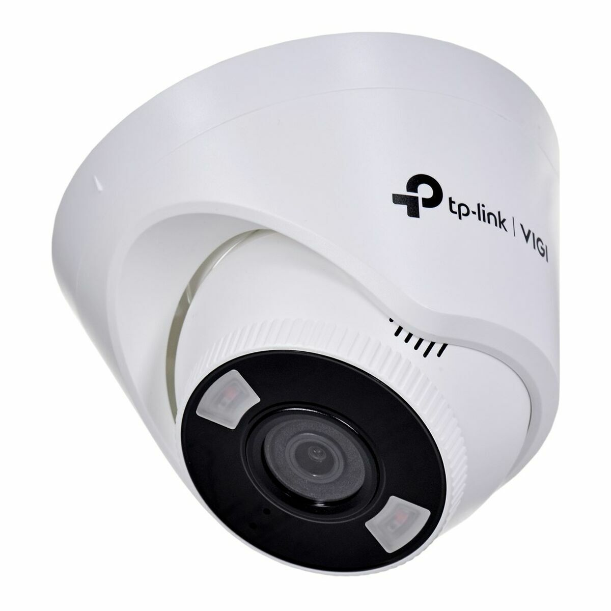 Telecamera di sicurezza dome TP-Link VIGI bianca con cornice nera lente e LED rossi.
