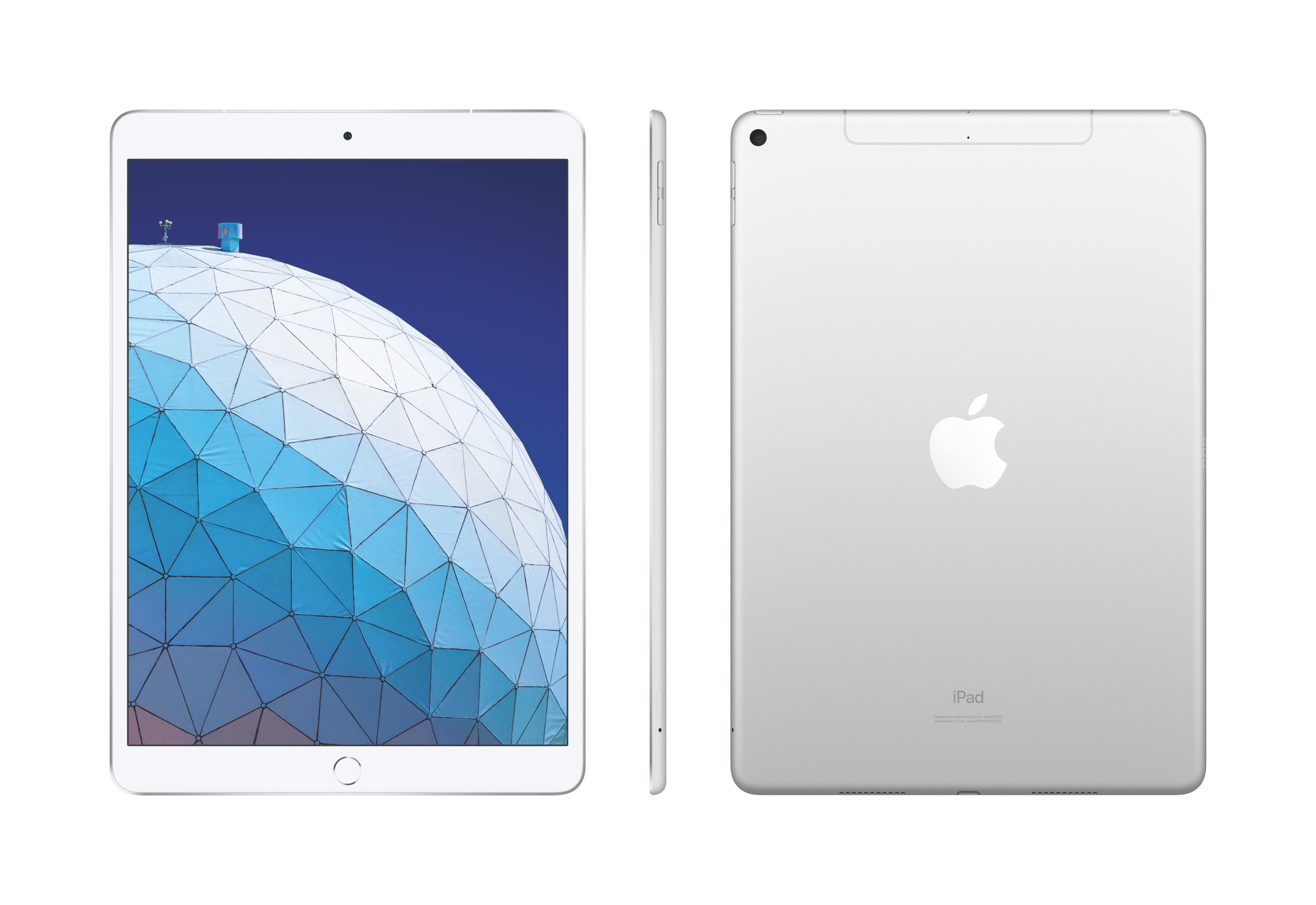 Ein silbernes iPad Air mit einem stilisierten blauen Globus auf dem Bildschirm und auf der Rückseite.