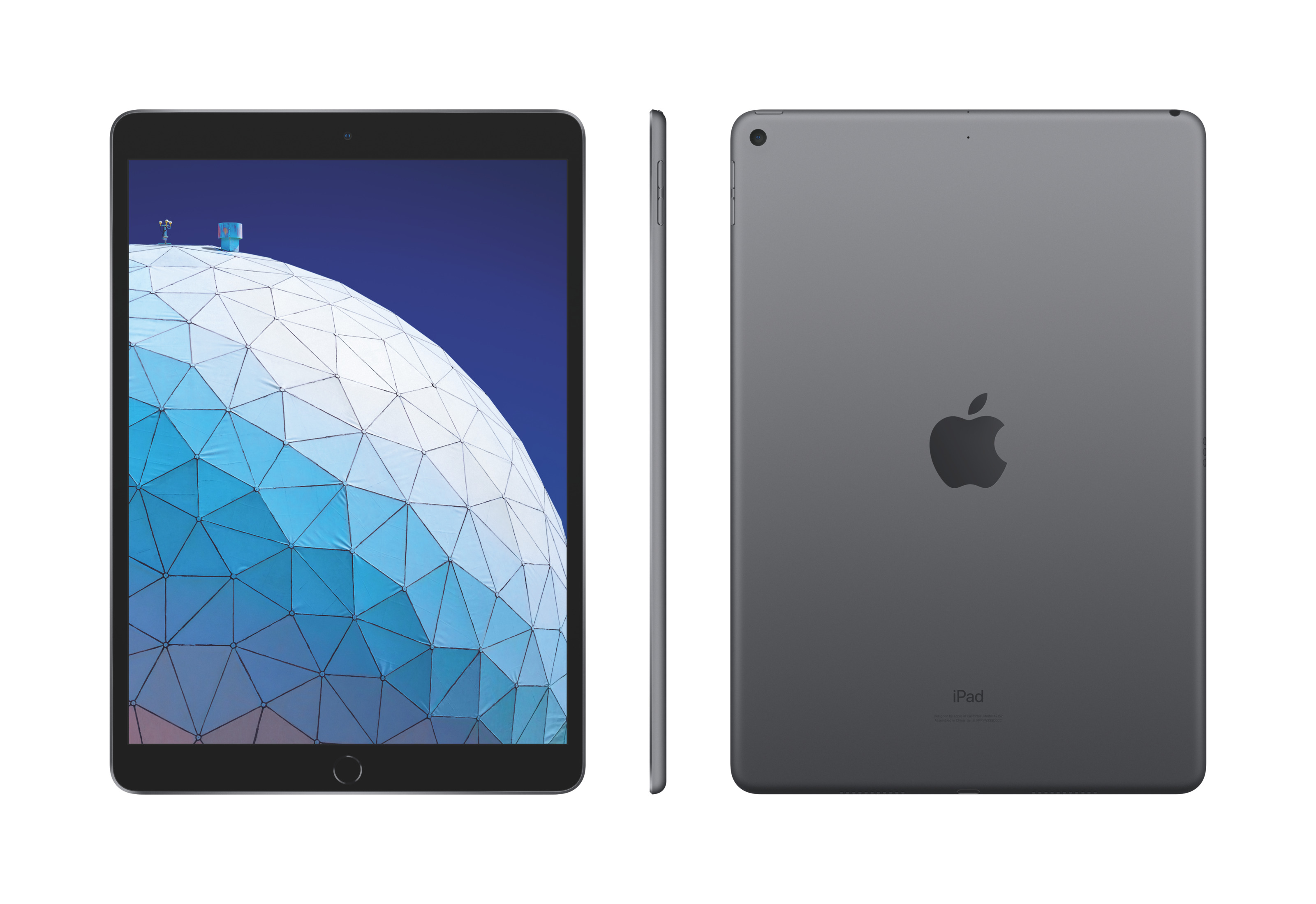 Graues iPad mit Apple-Logo, Vorder- und Rückansicht mit geometrischer Tapete.