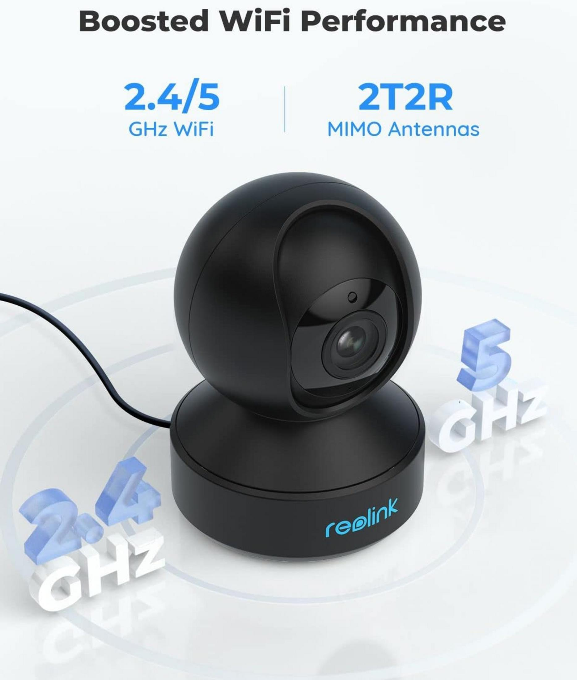 Schwarze Überwachungskamera mit "2.4/5 GHz WiFi" und "2T2R MIMO Antennas" Text.