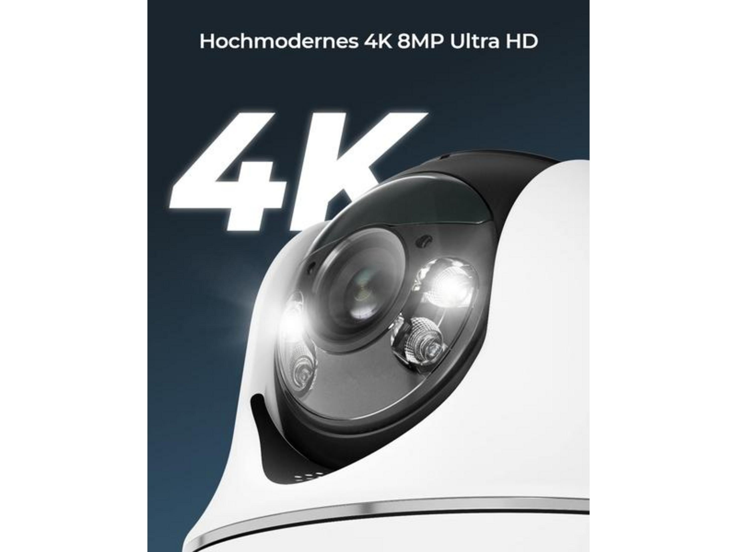 Nahaufnahme einer weißen Überwachungskamera mit 4K-Auflösung und Lichtern.