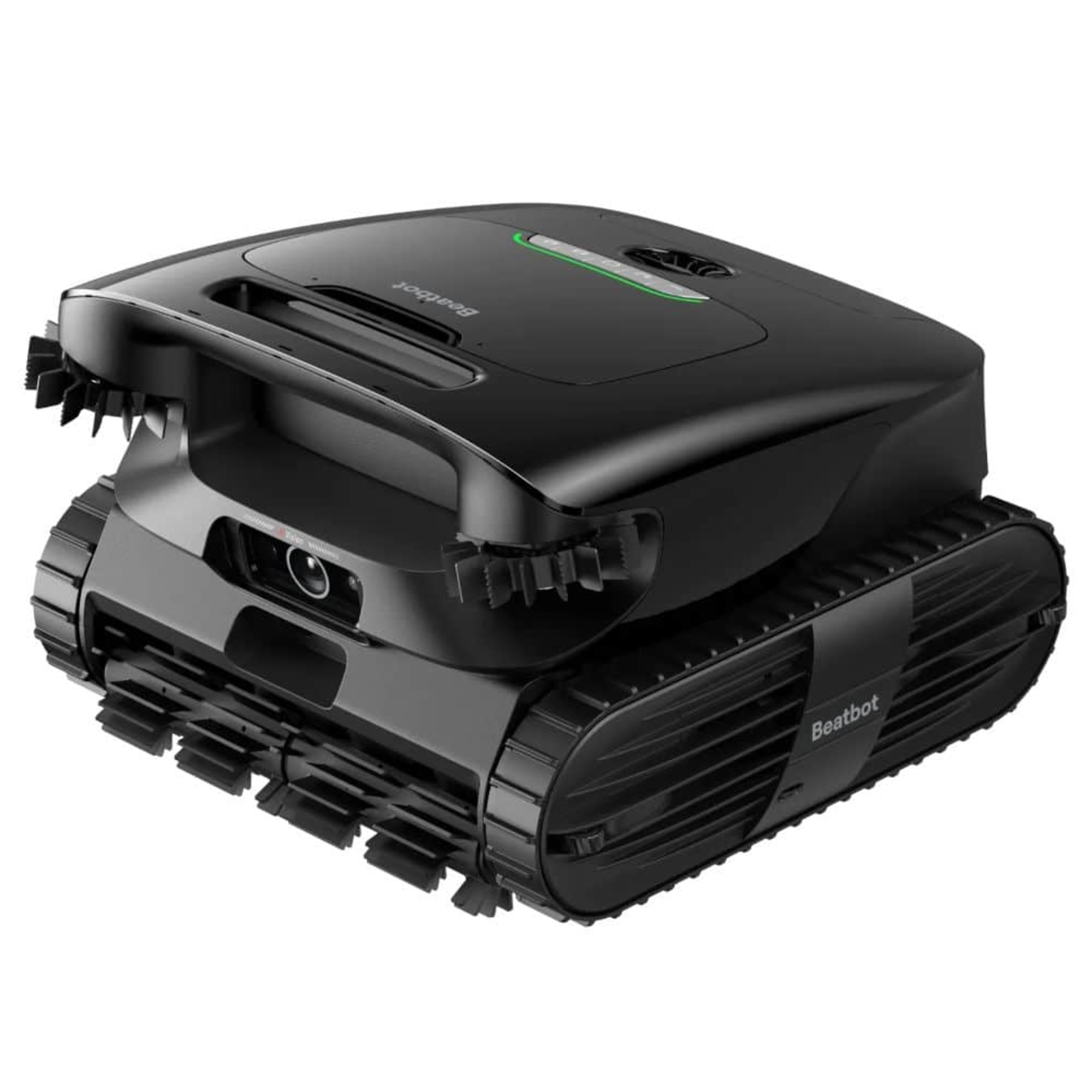 Robot de piscina negro con orugas y luz de acento verde.