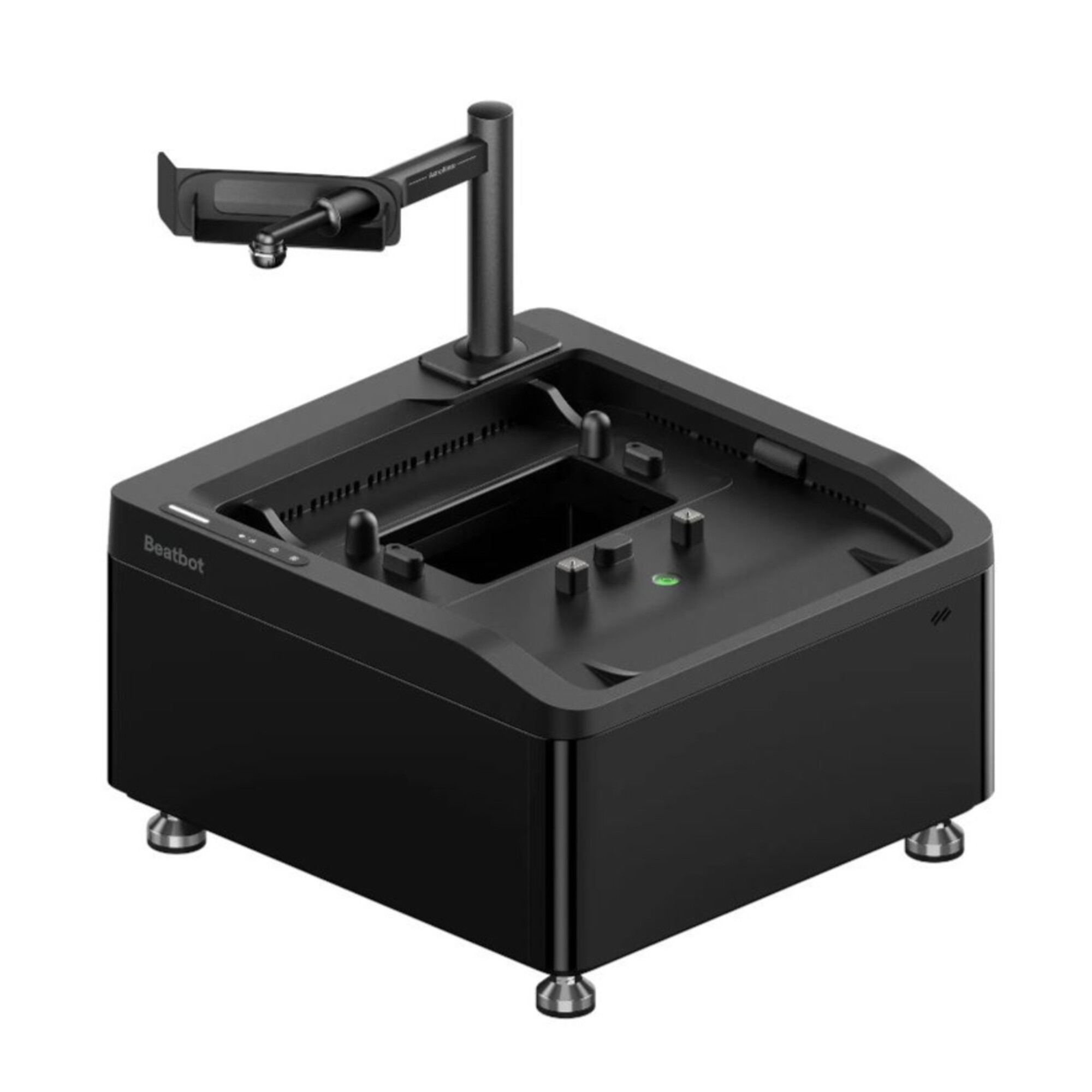 Dispositivo Beatbot negro con soporte y luz verde sobre fondo blanco.