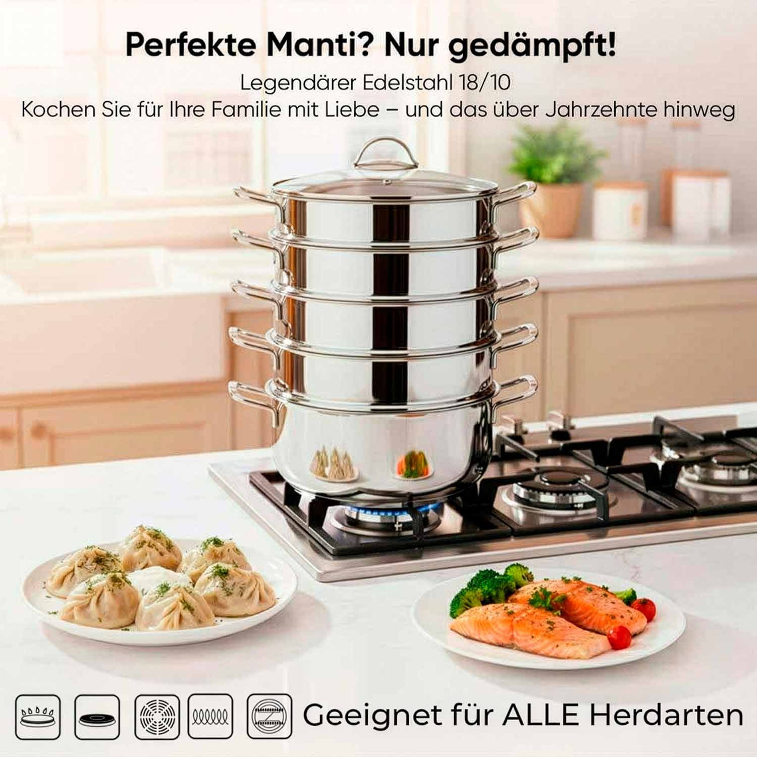 Ein mehrstufiger Dampfgarer aus Edelstahl steht auf einem Gasherd. Daneben stehen Teller mit Manti und Lachs mit Brokkoli.