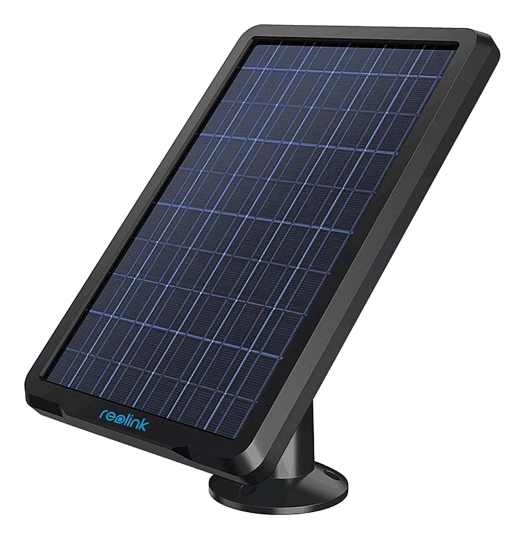Ein schwarzes Solarpanel mit blauen Zellen und einem Reolink-Logo.