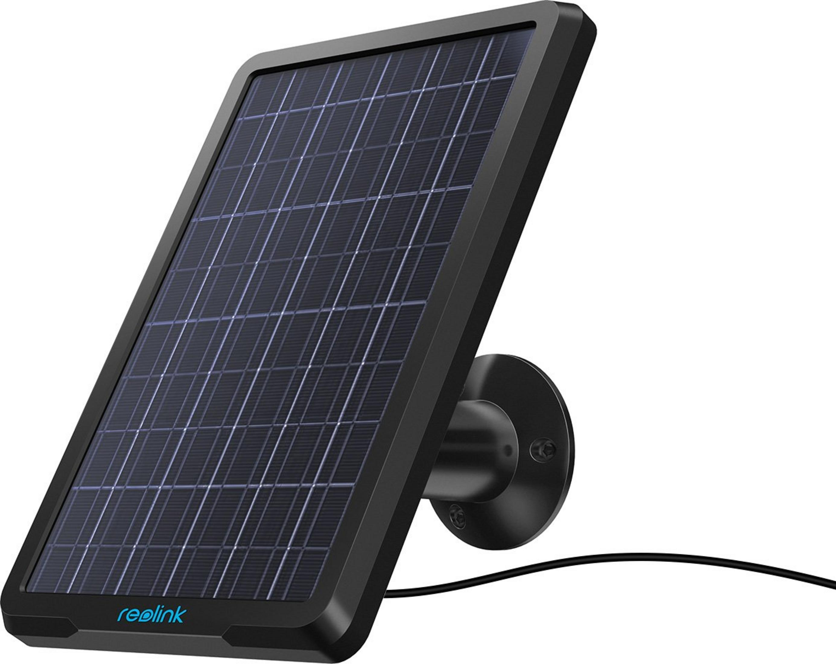 Schwarzes Solarpanel mit blauem Reolink-Logo und Kabel, auf weißem Hintergrund.