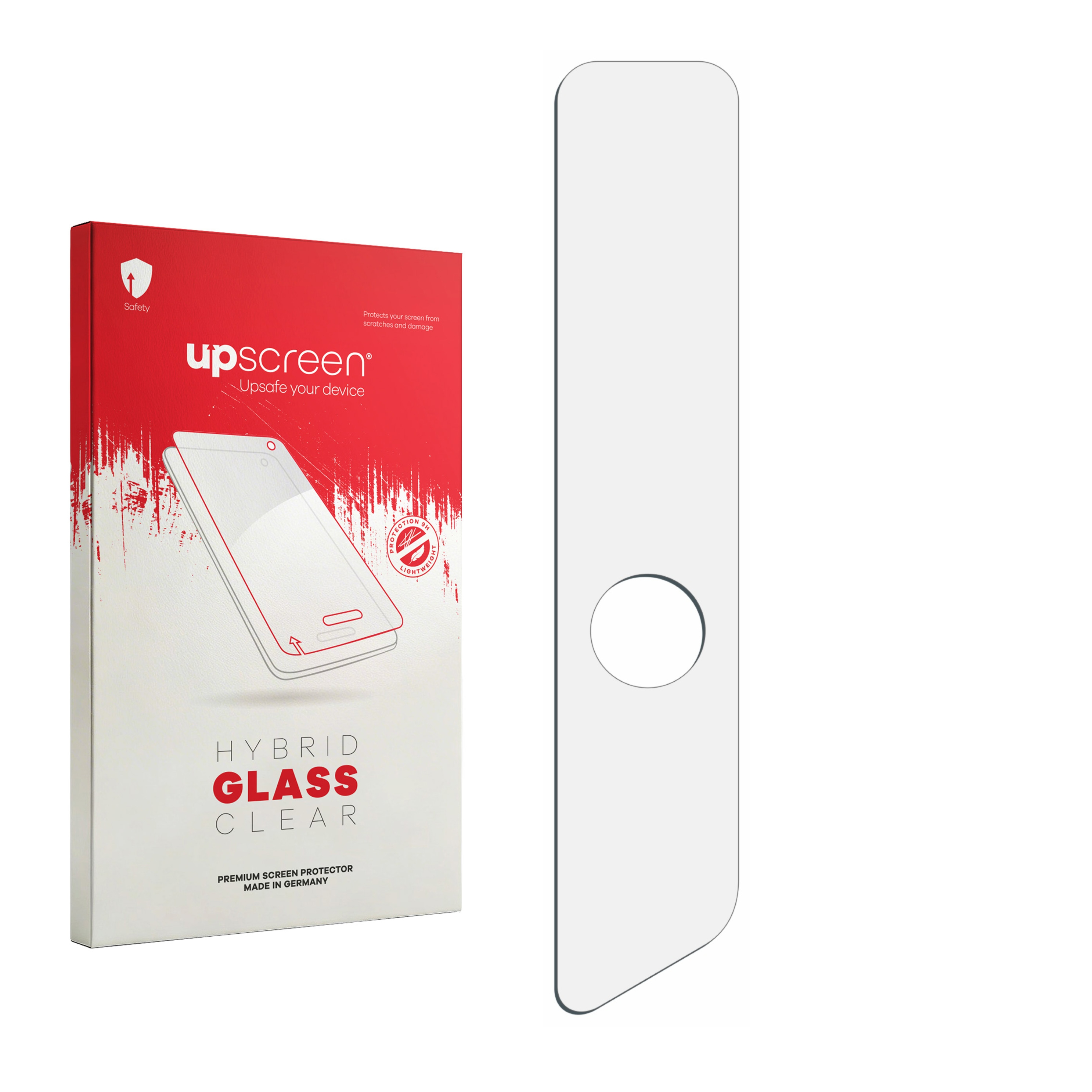 Rote Schachtel für upscreen Hybrid Glass Clear Displayschutzfolie neben dem klaren Schutz.