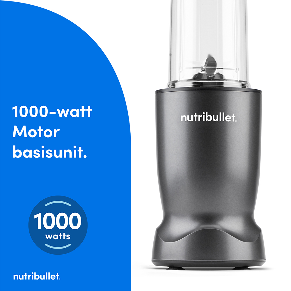 Gray Nutribullet blender with 1000-watt motor base and glass cup.