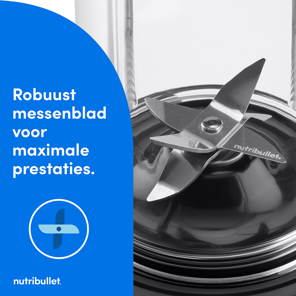Close-up of Nutribullet blades on a black blender base.