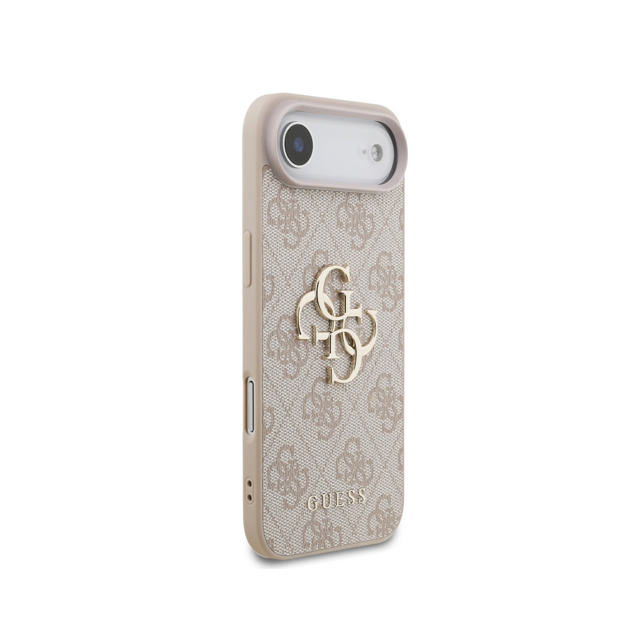 Una custodia beige per telefono con logo e motivo Guess.