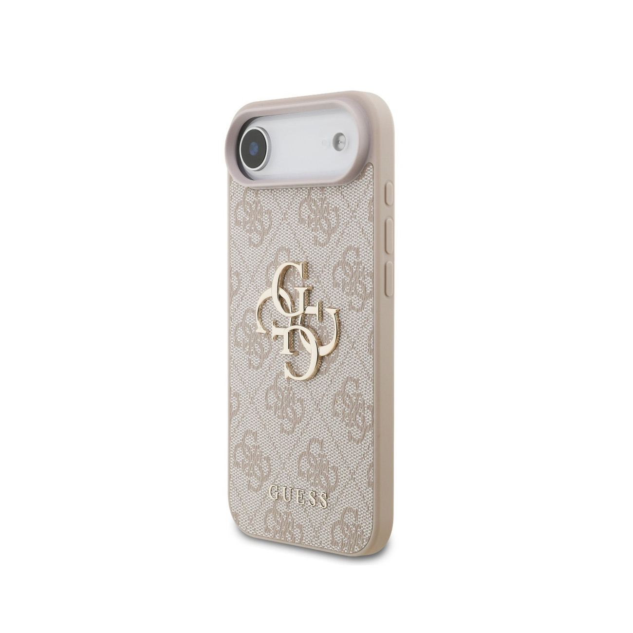 Una cover per telefono beige con logo e fantasia Guess su sfondo bianco.