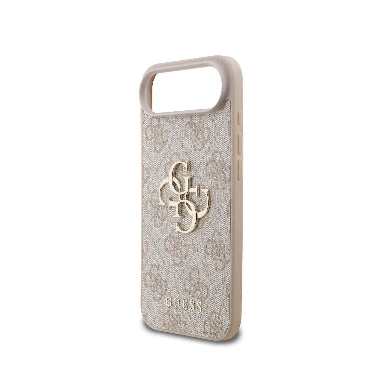 Una custodia per telefono beige con logo GUESS e fantasia su sfondo bianco.