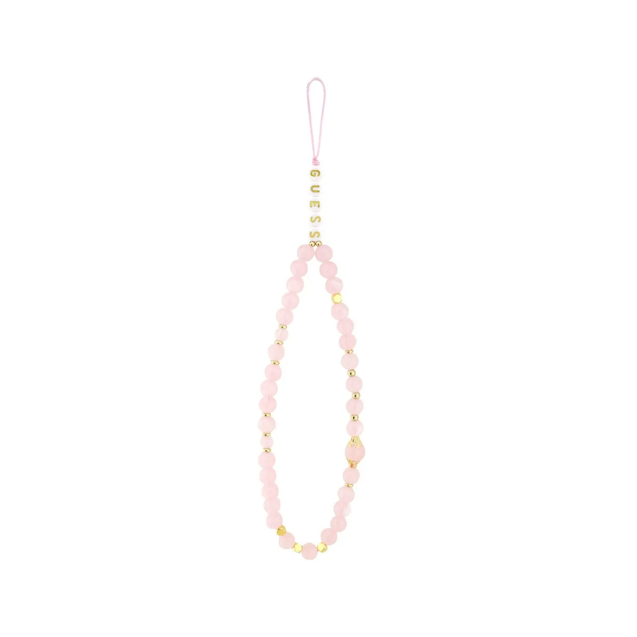 Una catena di perline rosa con accenti dorati e la parola GUESS.