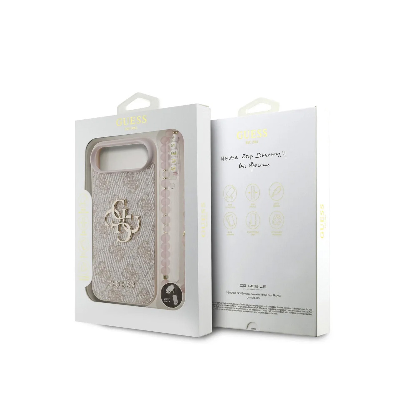 Custodia Guess con motivo logo G e cinturino perle in confezione.