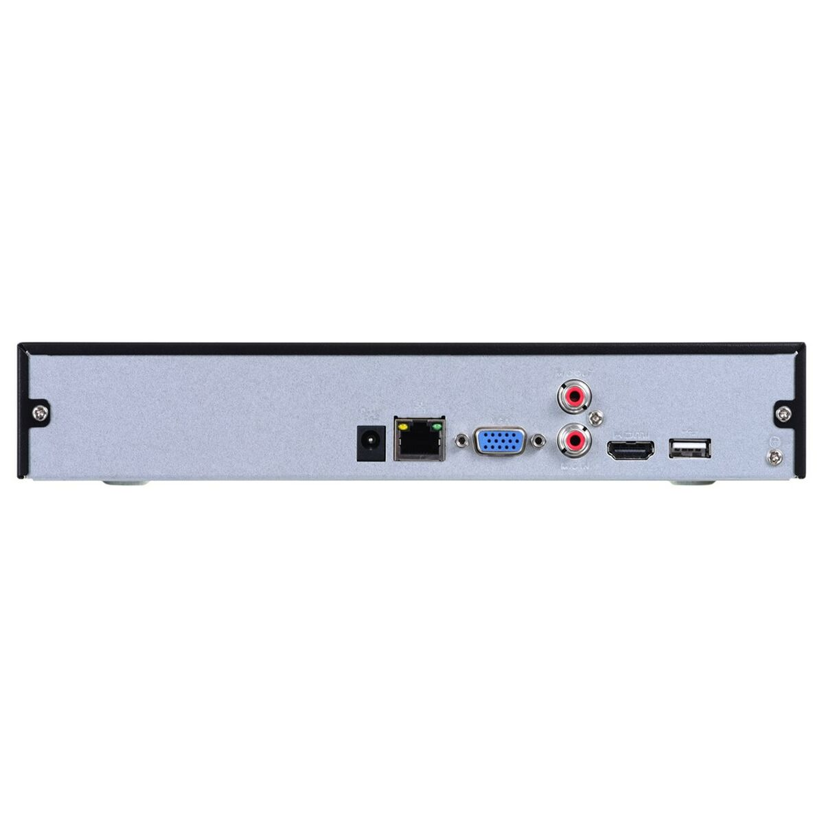 Rückansicht eines DVR: Strom-, Ethernet-, VGA-, Audio-, HDMI-, USB-Anschlüsse.