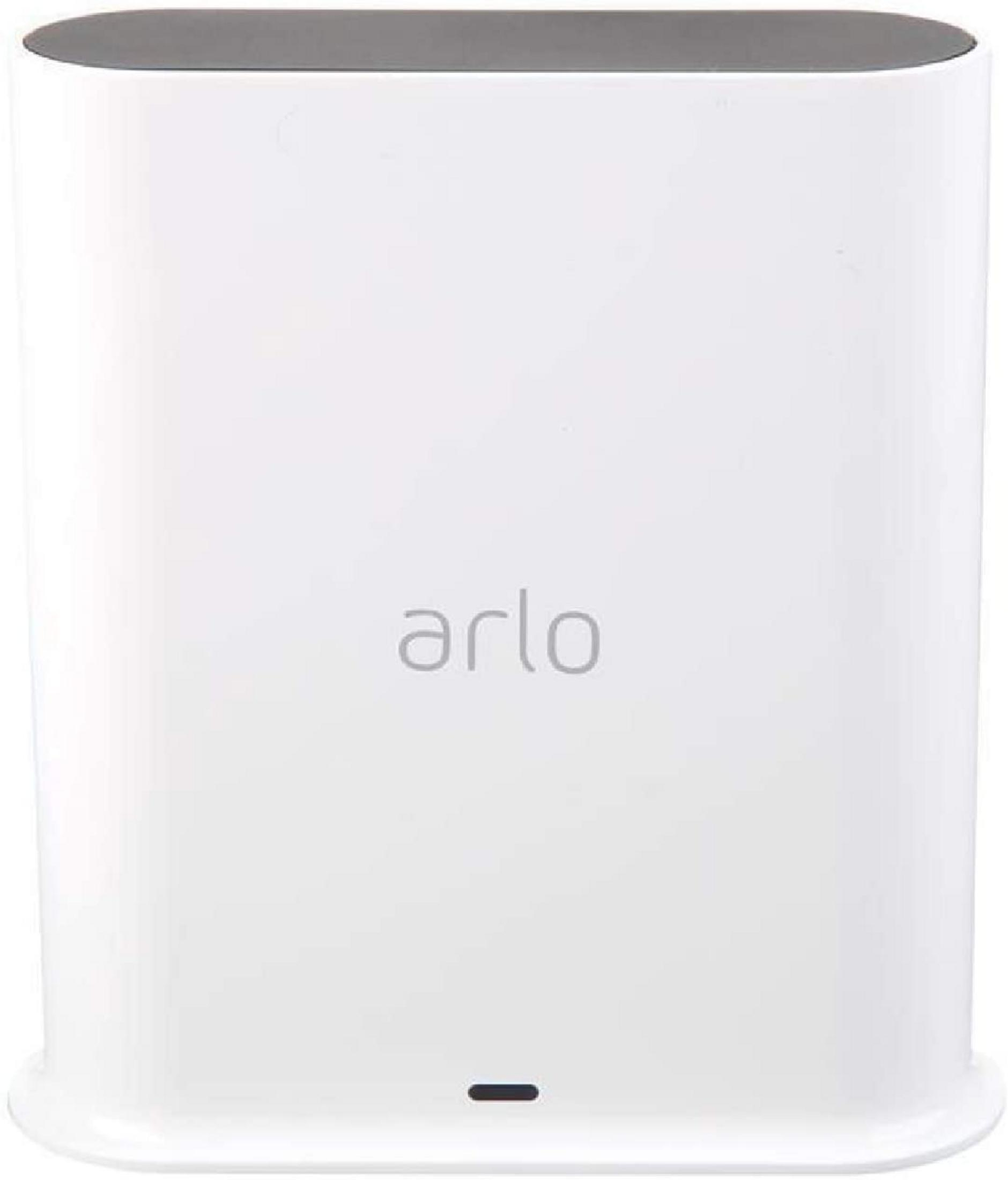 Ein weißer Arlo SmartHub mit grauer Oberseite und einem schwarzen Punkt.