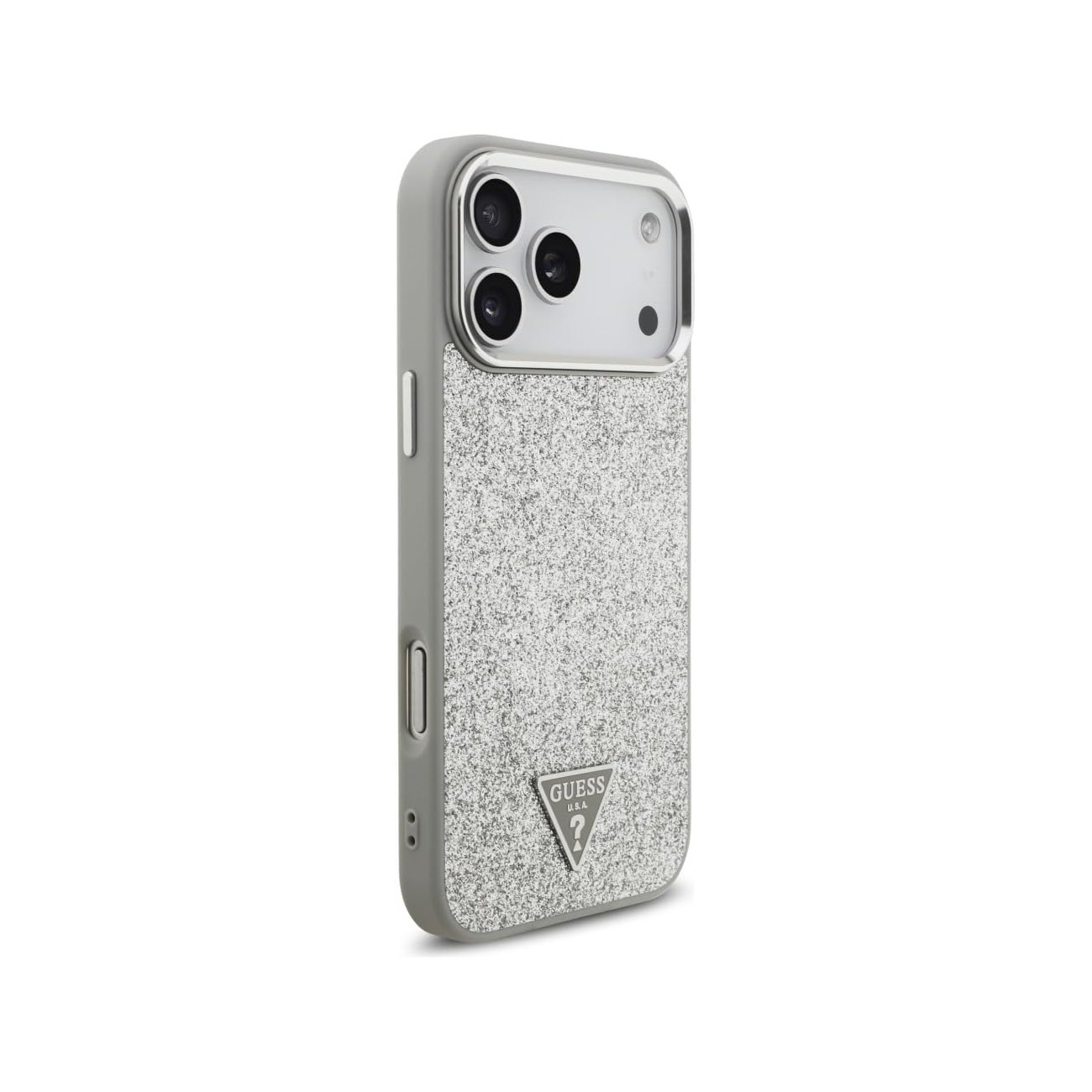 Funda plateada con purpurina, borde gris y logo GUESS.