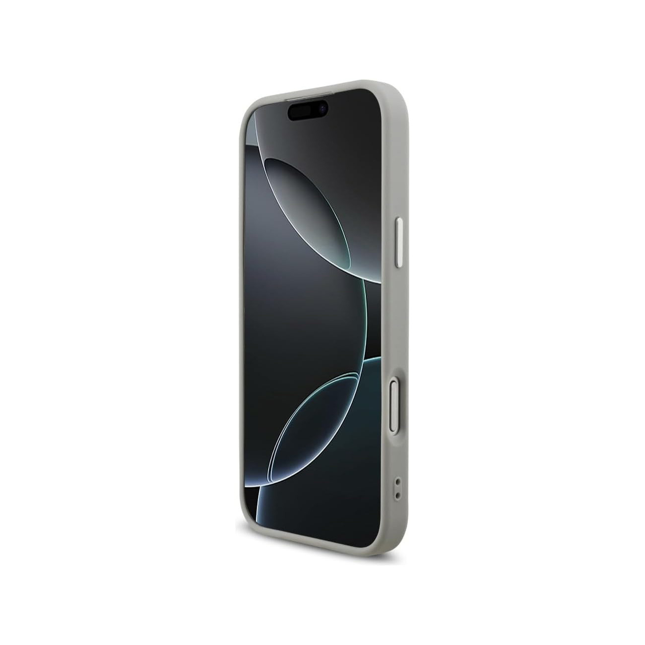 Una funda de teléfono gris claro sobre fondo blanco, mostrando la pantalla.