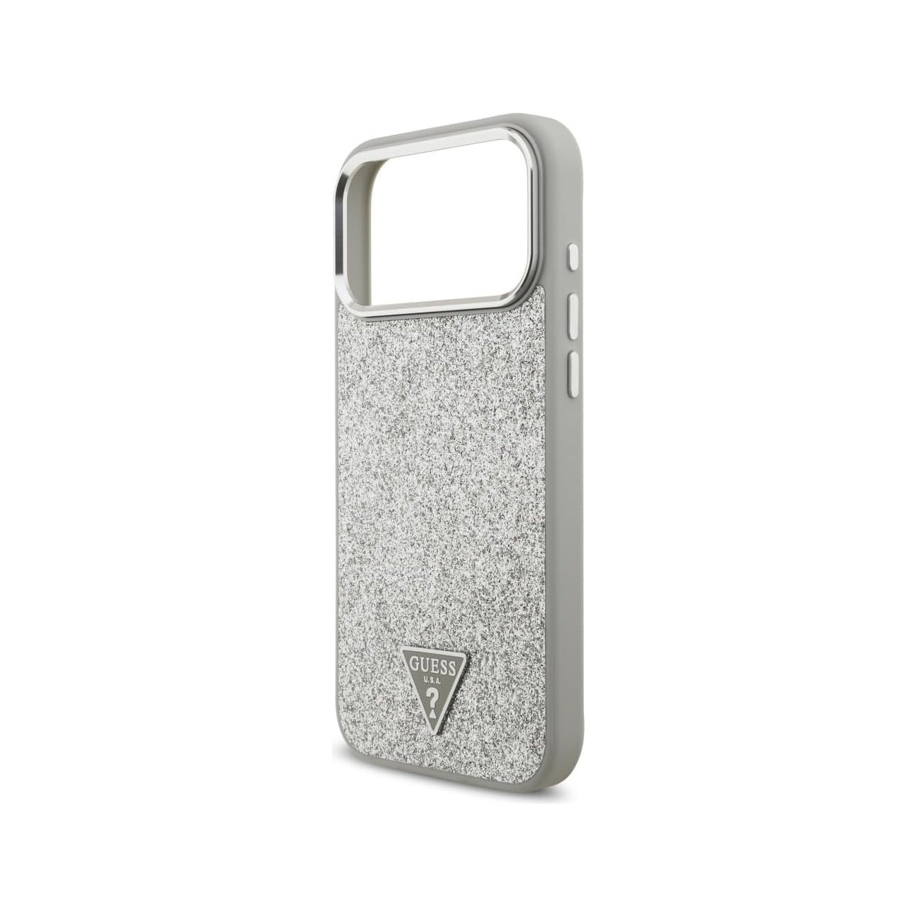 Funda gris para teléfono con parte trasera brillante y logo Guess.