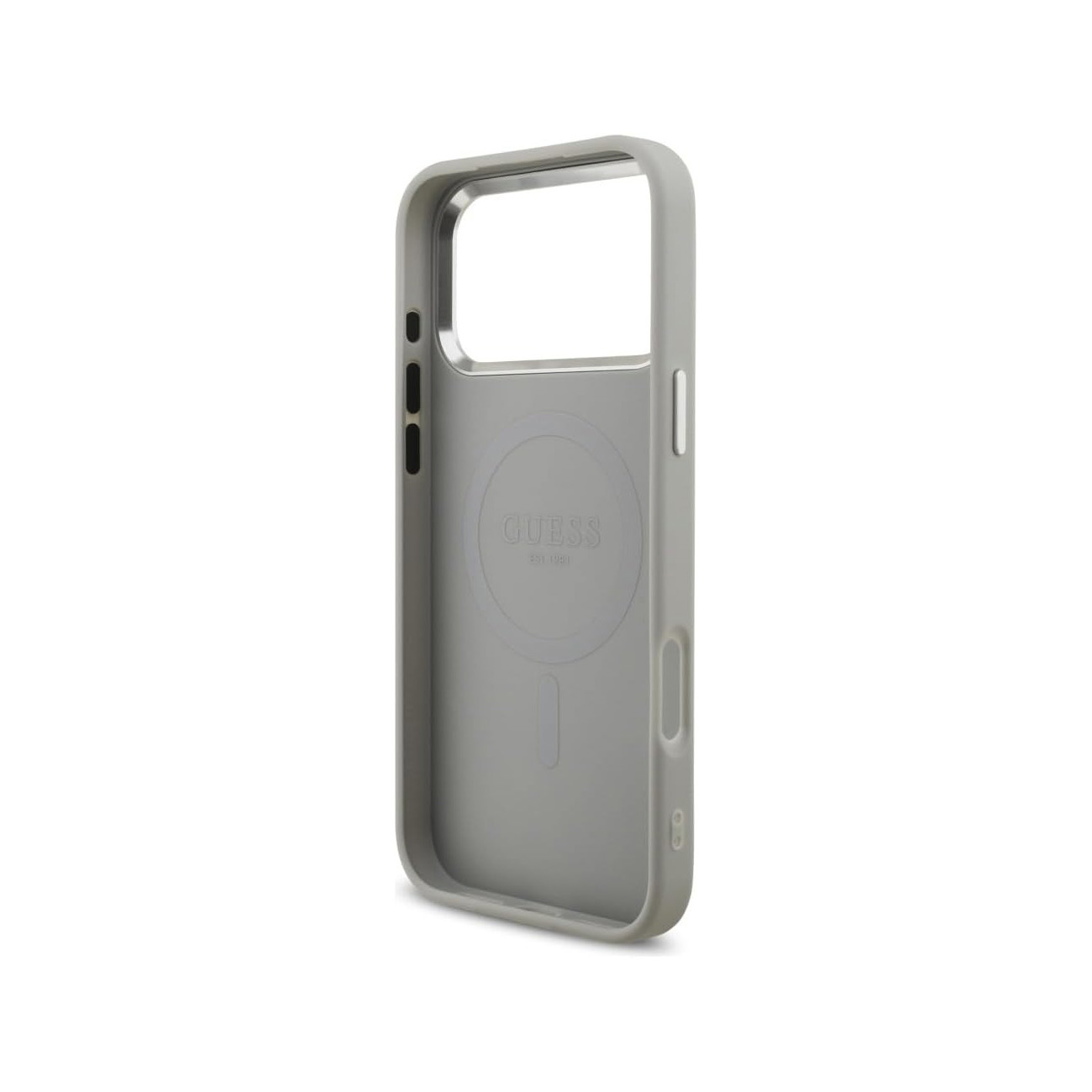 Funda de teléfono gris claro con logo GUESS y anillo magnético.