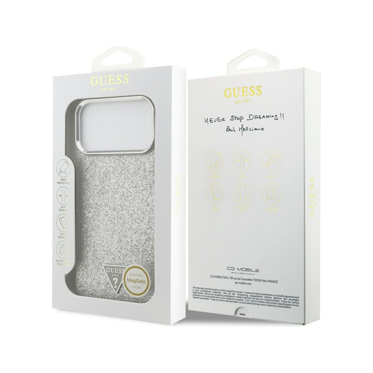 Funda Guess plateada con purpurina, compatible con MagSafe, con info del producto.