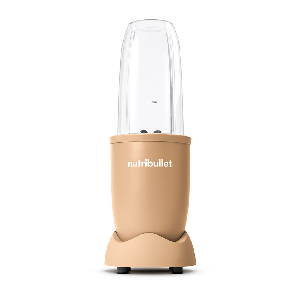 A beige Nutribullet blender with a clear cup sits on a white background.