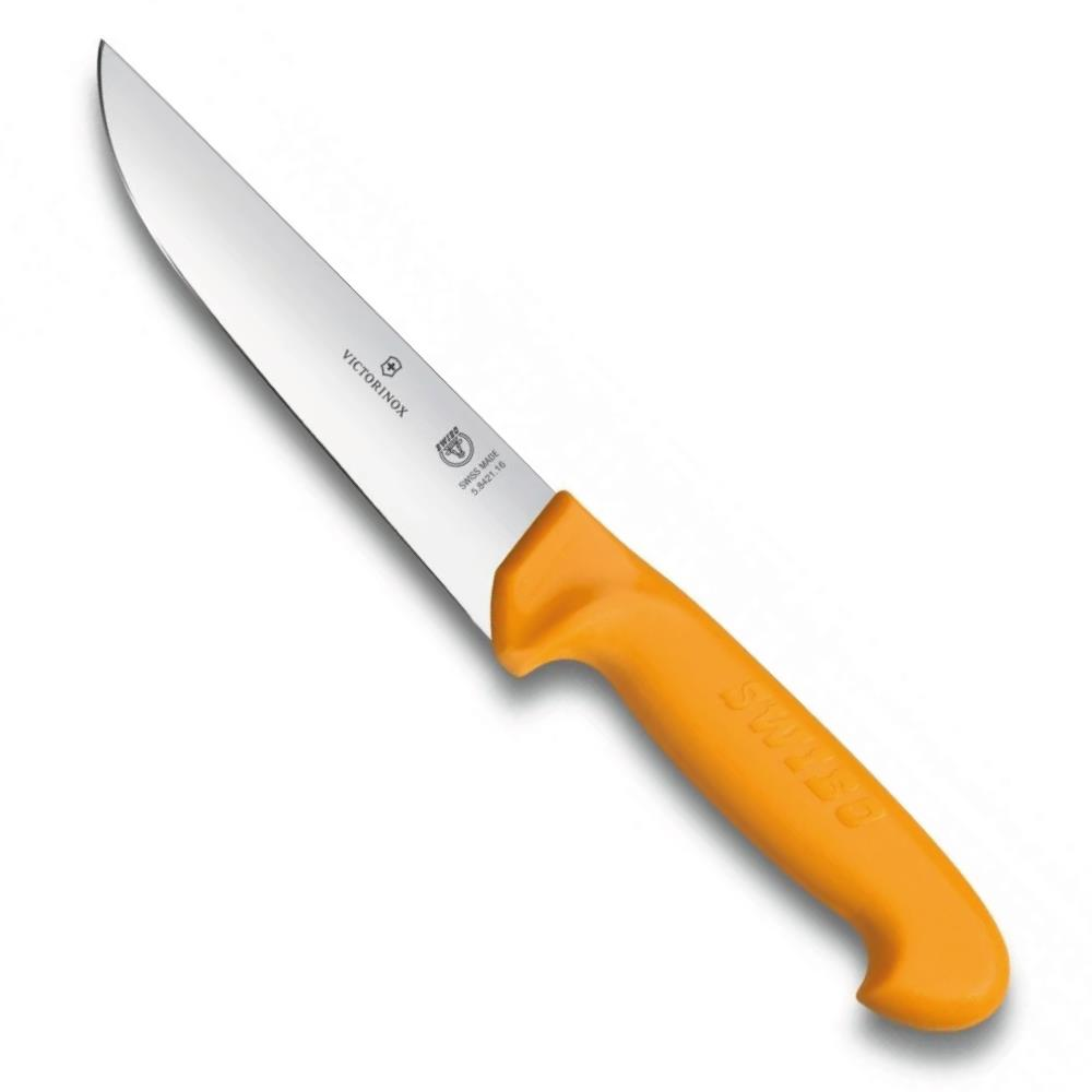 Gümüş bıçaklı ve turuncu saplı bir Victorinox mutfak bıçağı.