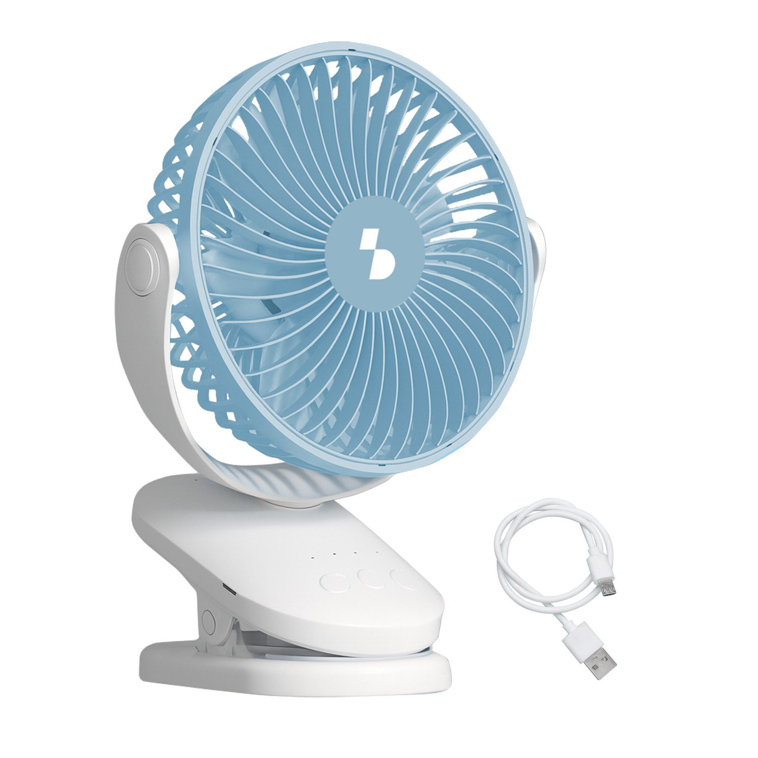 Un ventilatore portatile blu con base a clip bianca e cavo di ricarica USB.