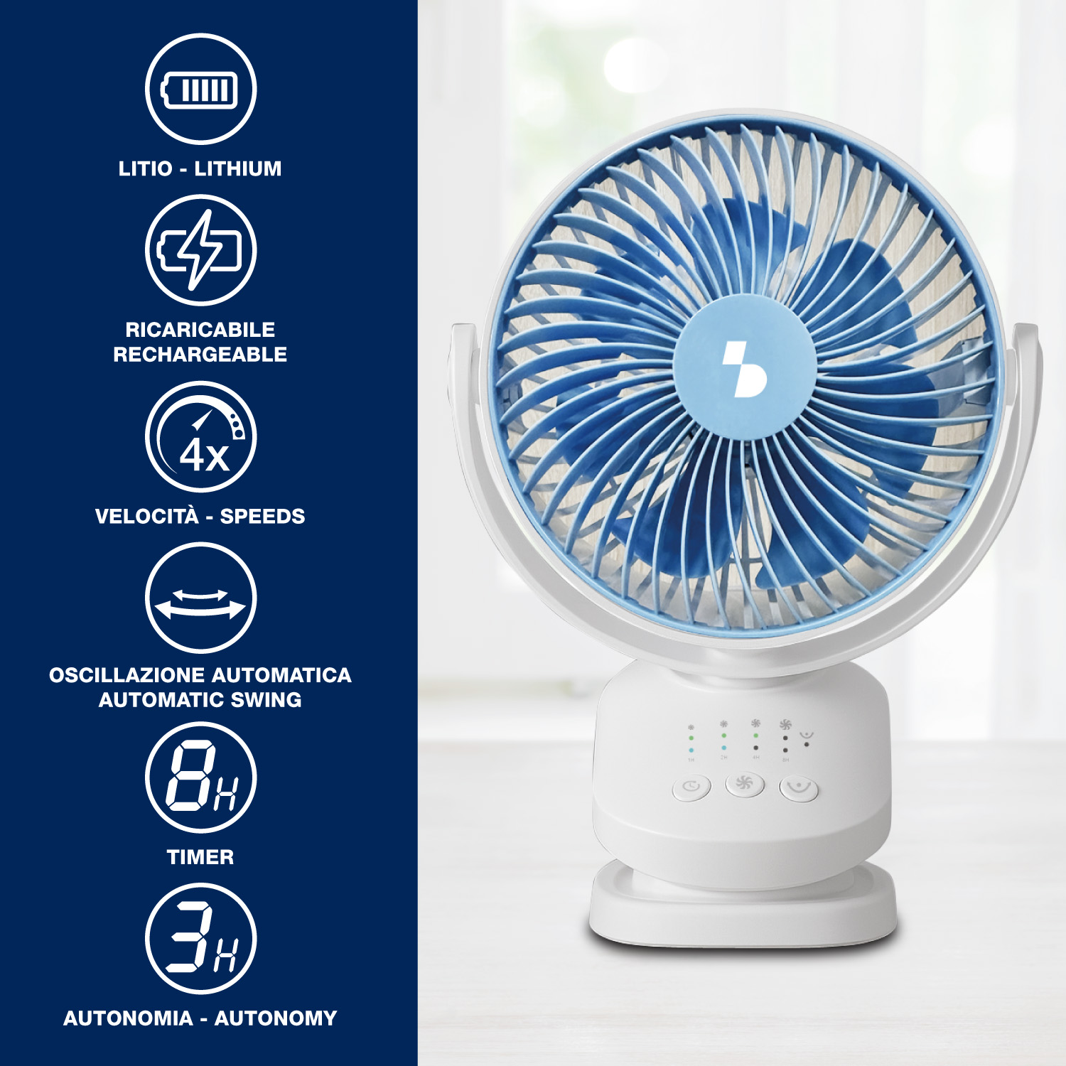 Un ventilatore bianco con pale blu e anello blu.