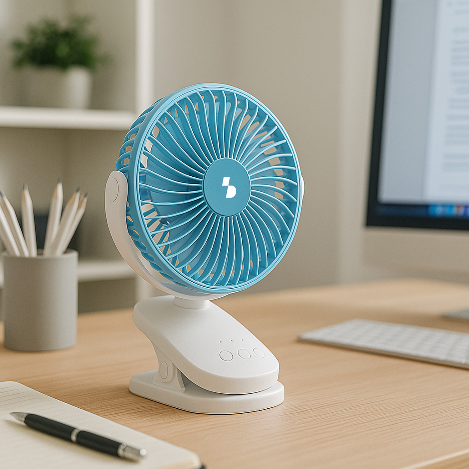 Un ventilatore blu con clip è su una scrivania di legno vicino a penne e un laptop.