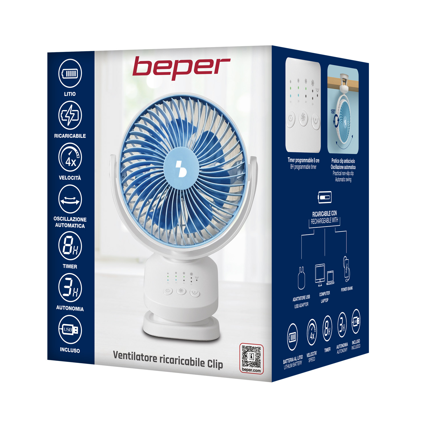 Ventilatore ricaricabile bianco con clip, pale blu e varie caratteristiche.