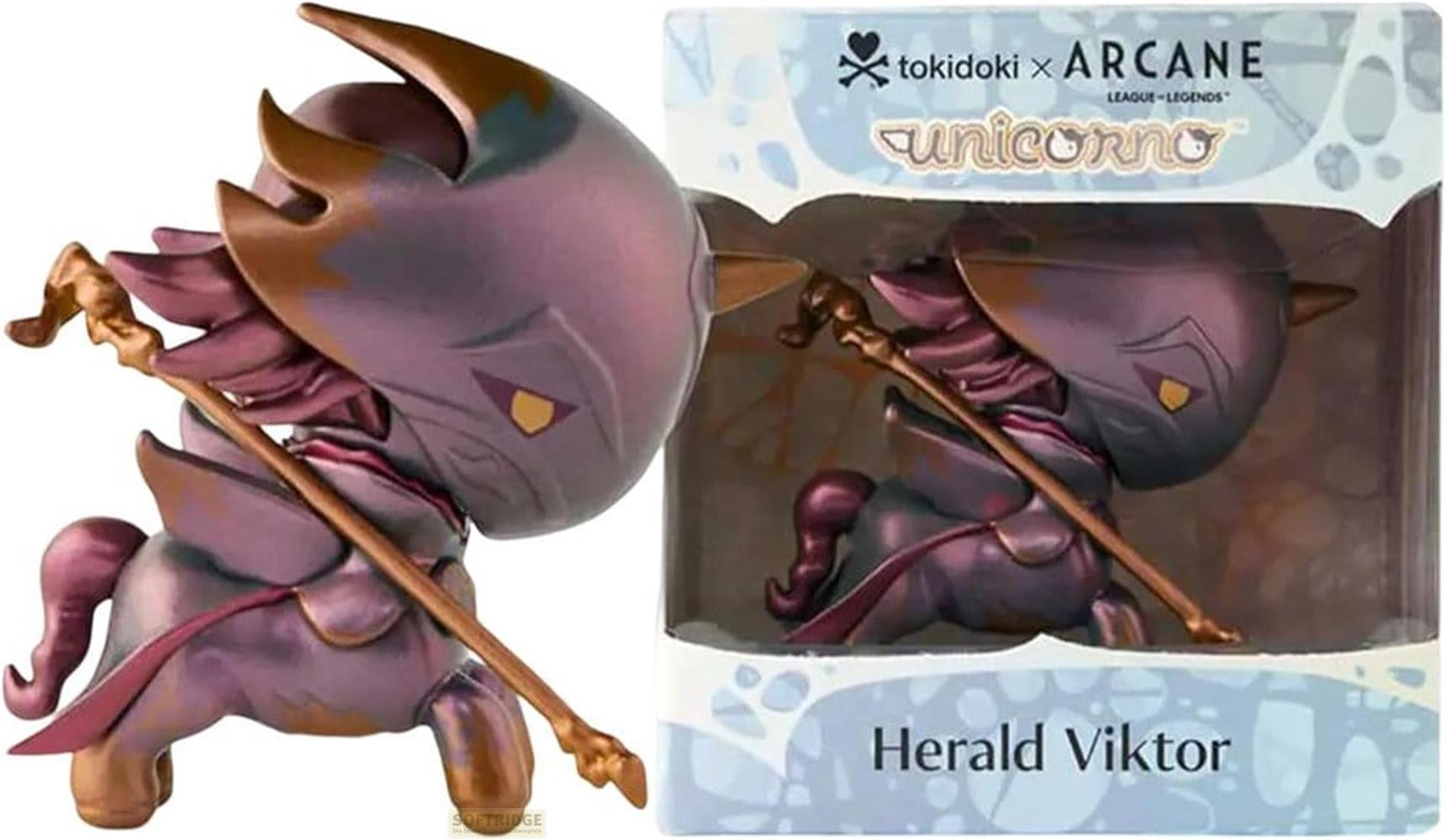 Eine lila Figur eines Einhorns mit goldenen Hörnern, das einen Stab hält.