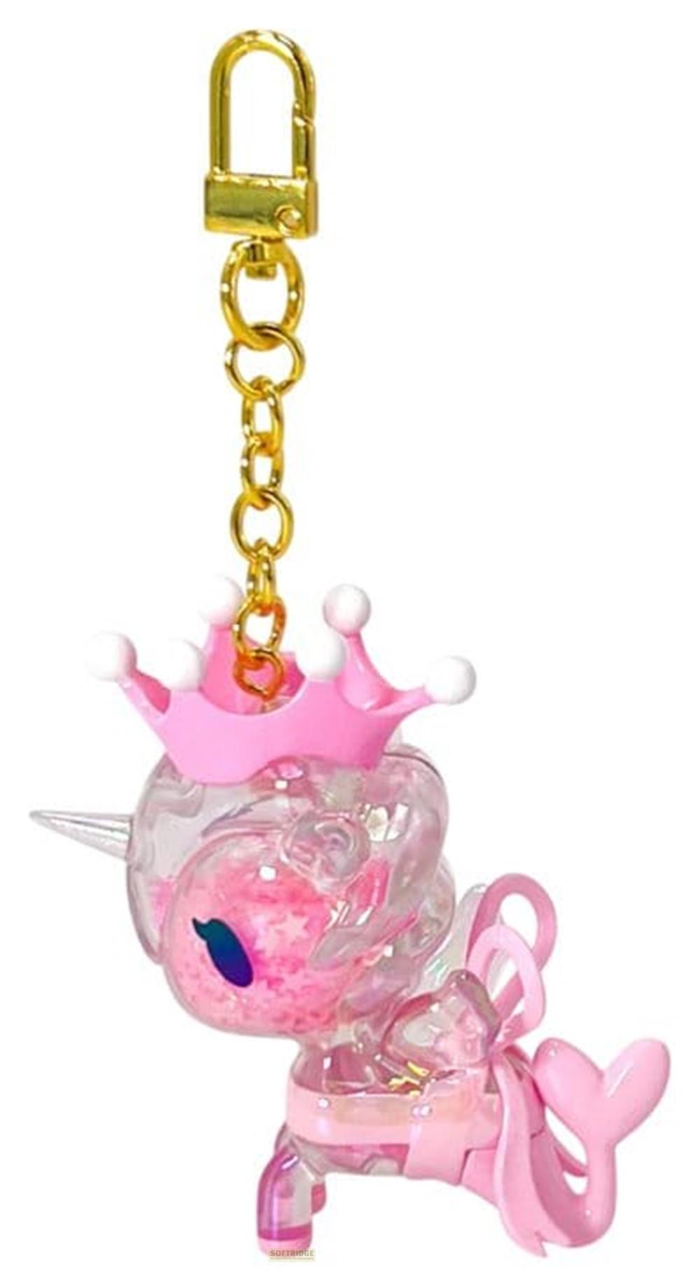 Ein durchsichtiger Einhorn-Schlüsselanhänger mit pinker Krone und Schleife.