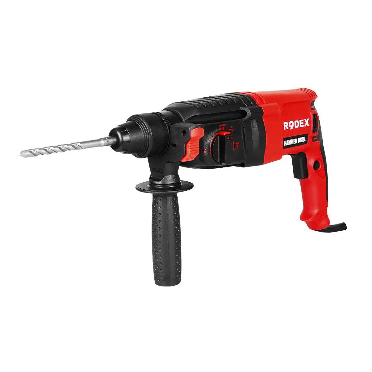 Kırmızı ve siyah Rodex darbeli matkap, matkap ucu ve yardımcı tutamaklı.