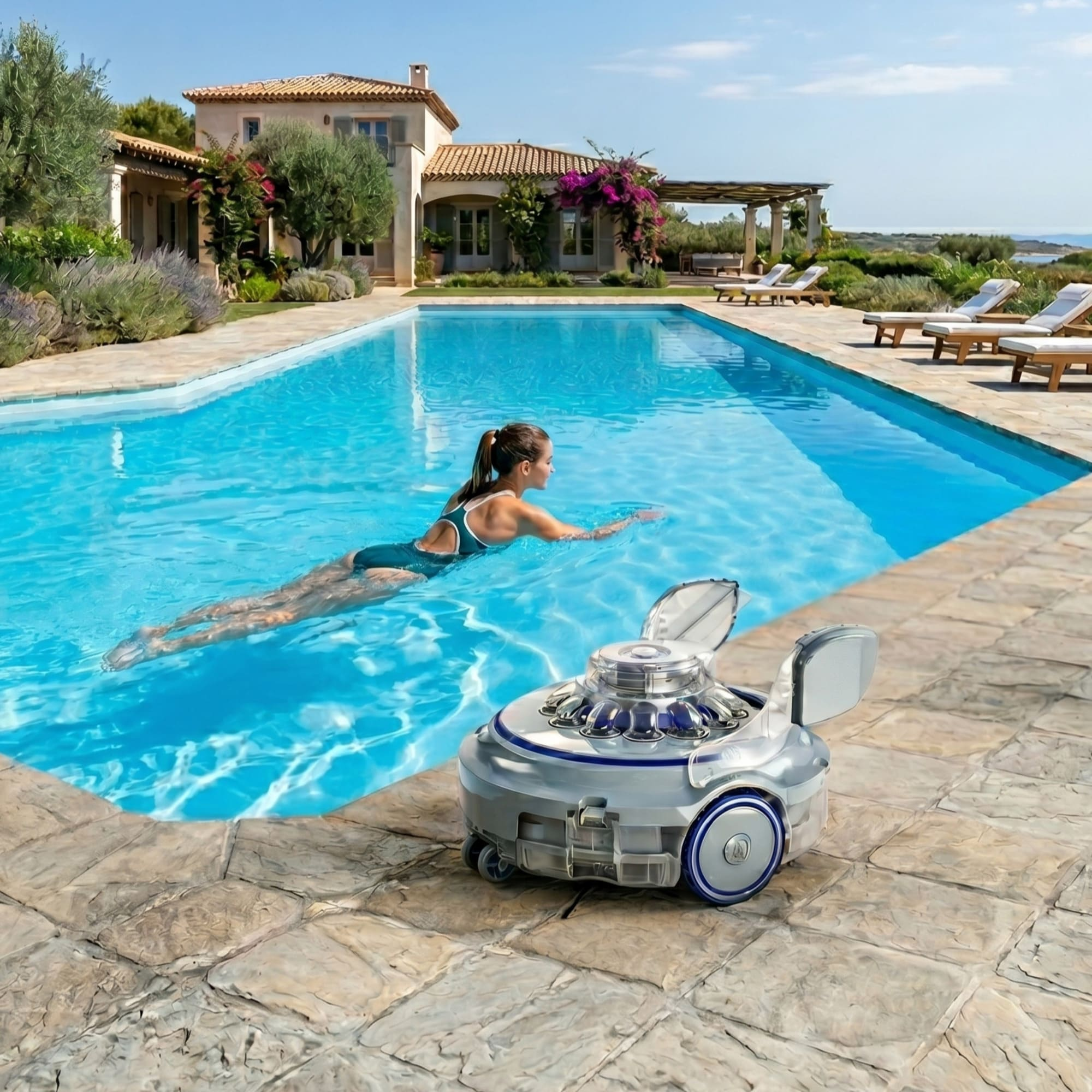 Una mujer nada en la piscina, un limpiafondos está al borde.