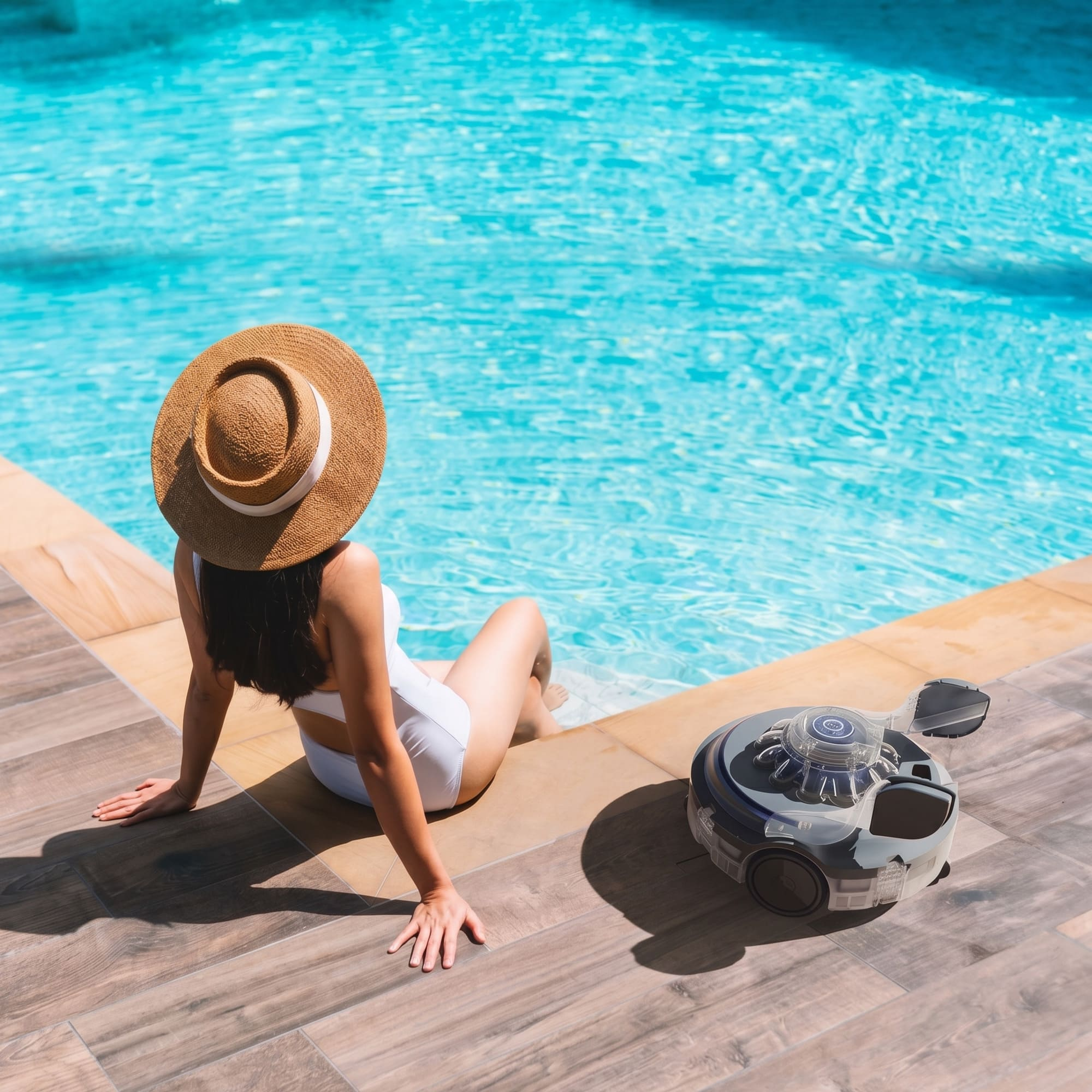 Una mujer con traje de baño blanco se sienta al borde de la piscina con sombrero.