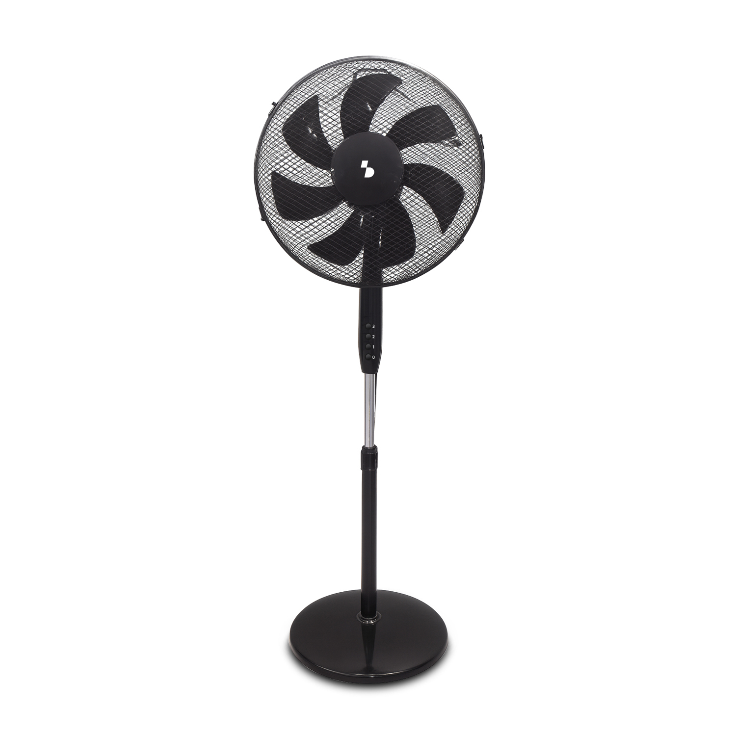 Viene mostrato un ventilatore a piantana oscillante nero con base rotonda e griglia.
