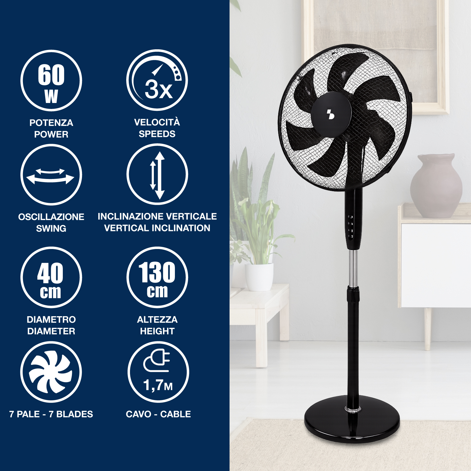Un ventilatore da terra nero da 60W, 3 velocità, 40cm di diametro, 7 pale.