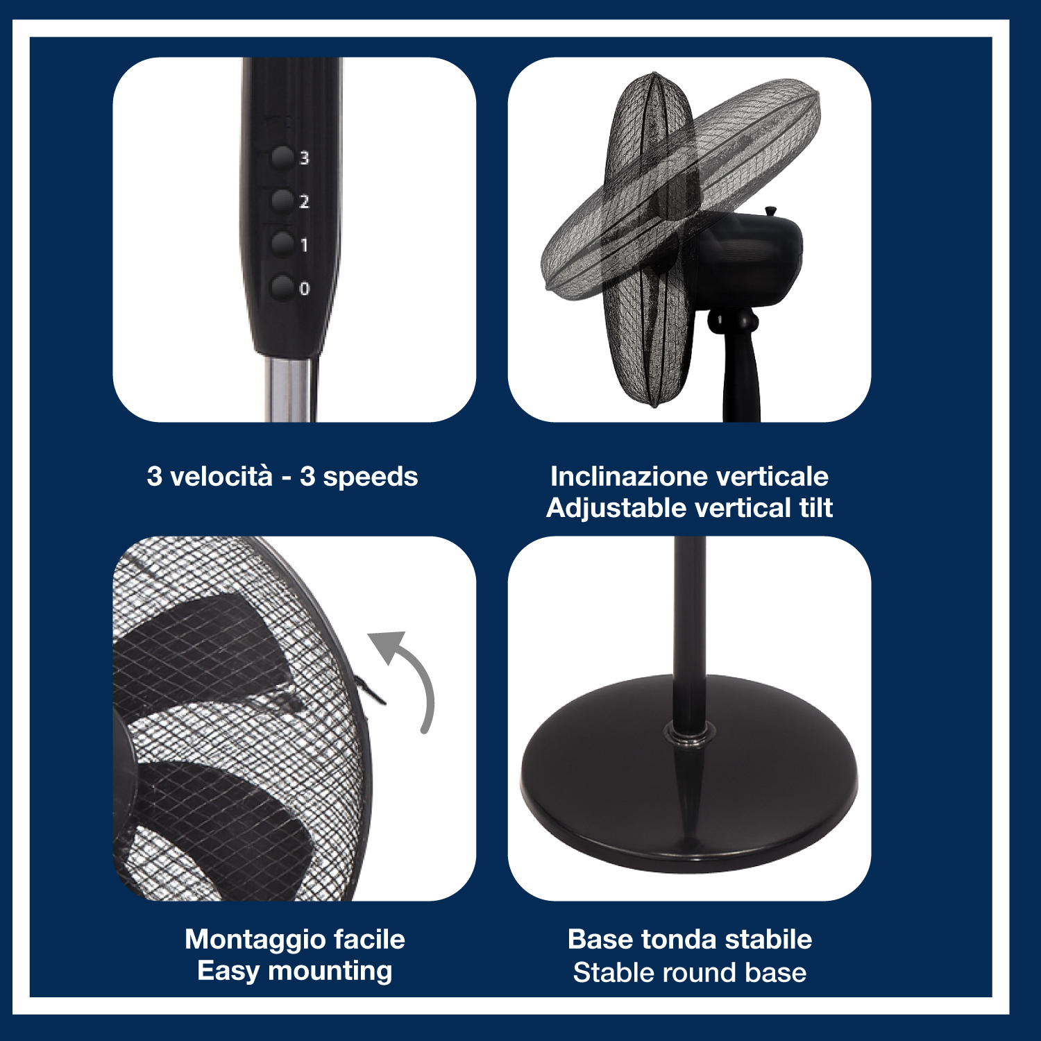 Un ventilatore con 3 velocità, inclinazione verticale regolabile e base rotonda stabile.
