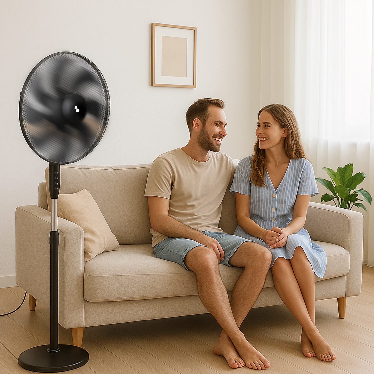 Una coppia siede sul divano accanto a un ventilatore oscillante nero in un soggiorno.