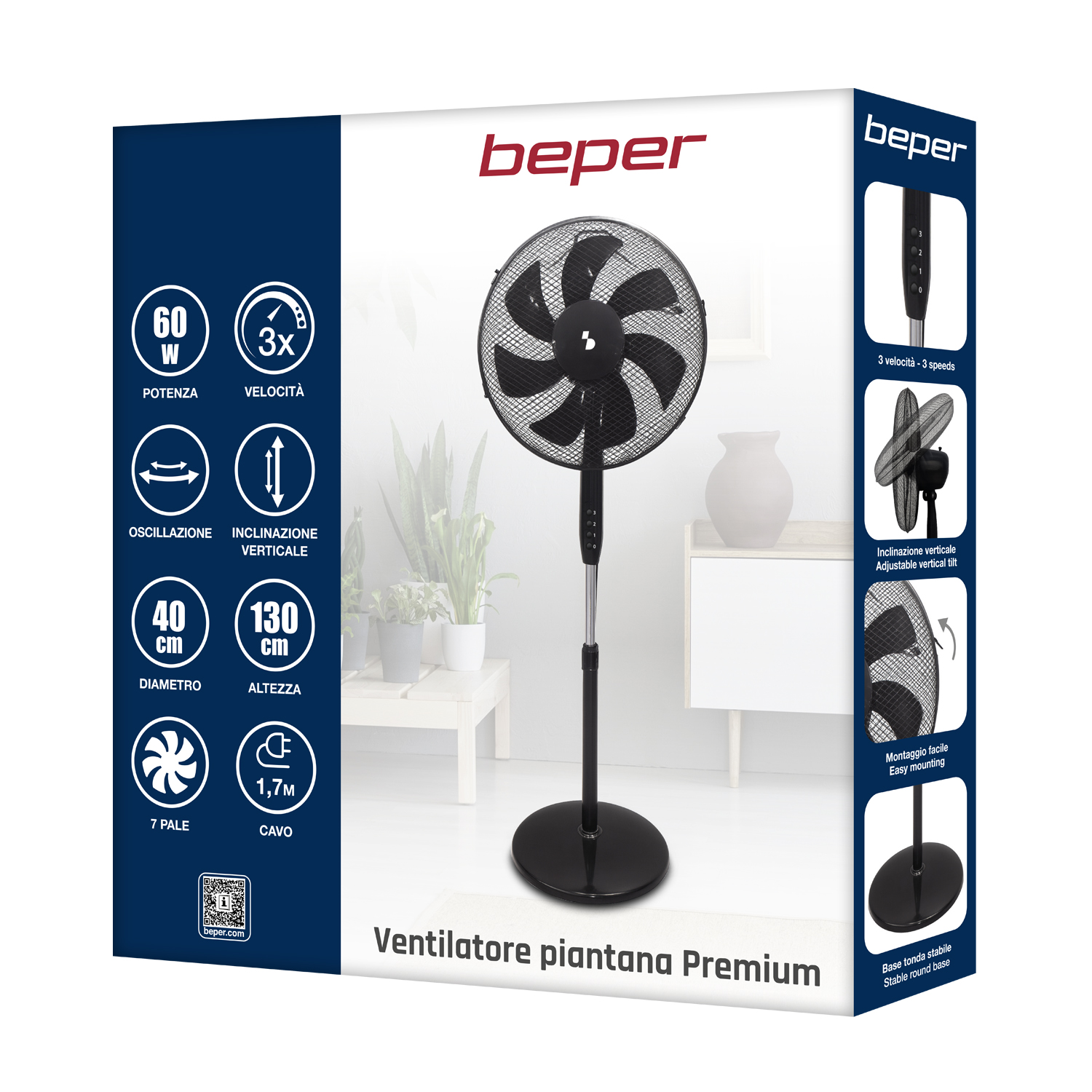 Un ventilatore da terra nero con 40cm di diametro e 3 velocità.