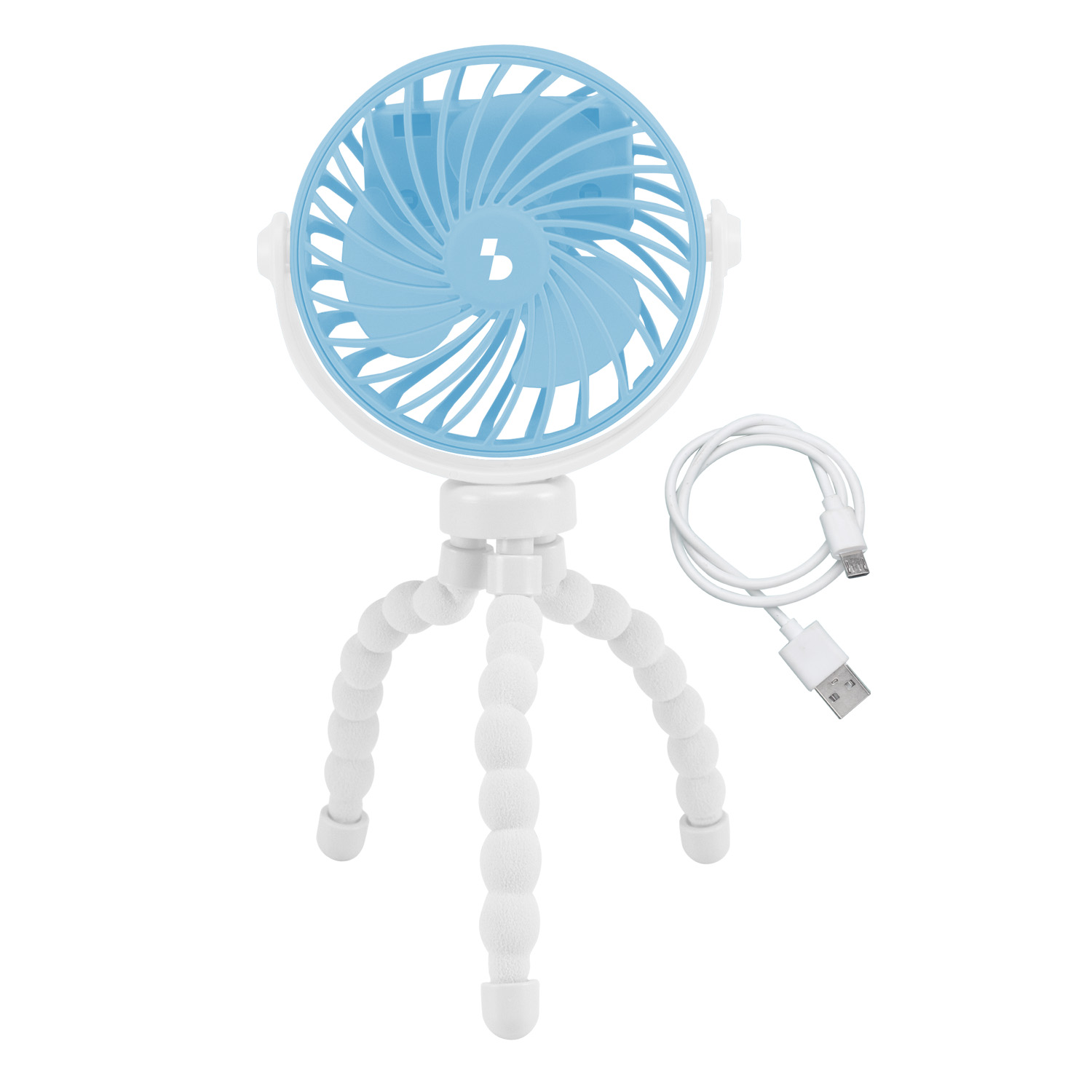 Un piccolo ventilatore blu su un treppiede bianco flessibile con cavo USB.