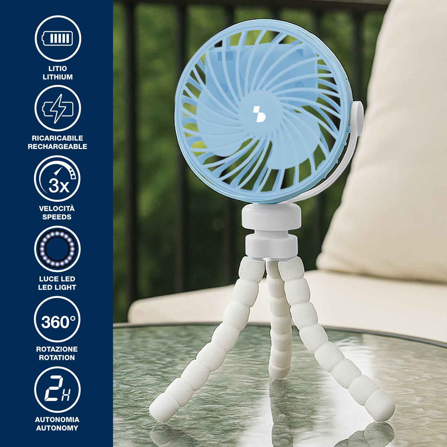 Un piccolo ventilatore blu con treppiede flessibile e luce LED su un tavolo di vetro.