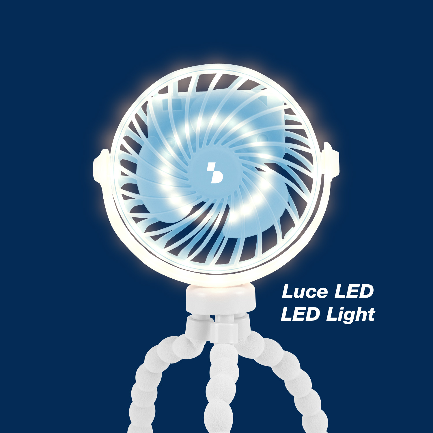 Un ventilatore portatile bianco con luce LED su un treppiede flessibile.